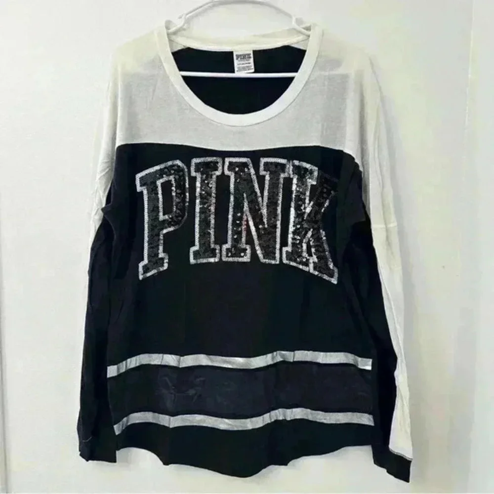 PINK Victoria Secret Long Sleeve Crewneck Women’s Sz Small Bling Black and White